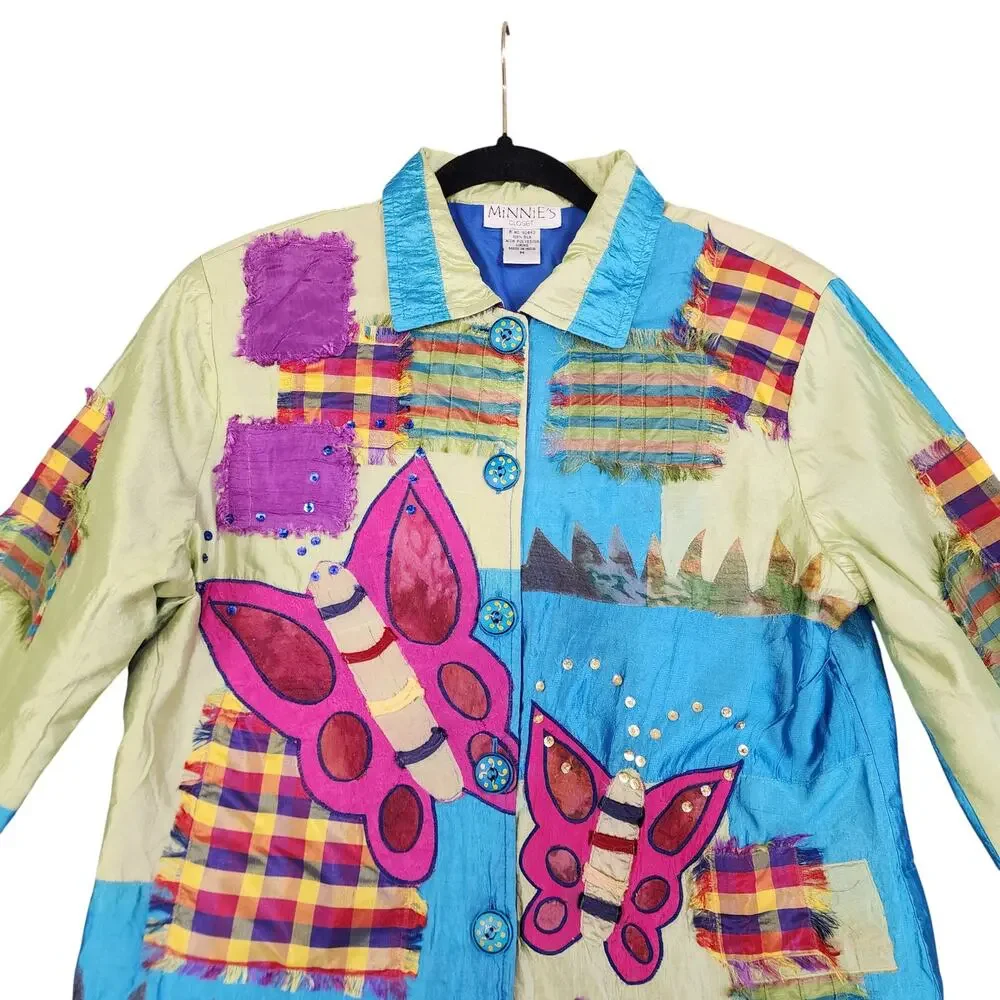 Minnie's‎ Closet Womens Vintage Silk Patchwork Jacket Medium Colorful Butterfly